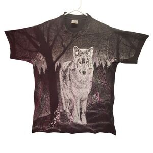 Vintage 90s Wolf Nature Graphic T Shirt Mens Medium Artist Jeff Deweerd AOP Tee